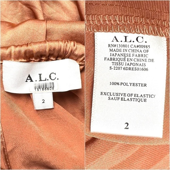 ALC Copper Satin Pleated Sleeveless Halter Smocked Waist Asymmetrical Hem Gown 2 - Picture 14 of 16